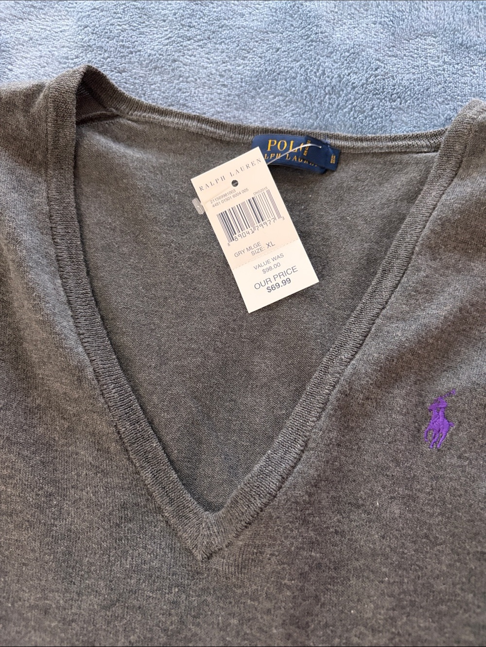 Ralph Lauren Gray V-Neck Sweater with Purple Pony
